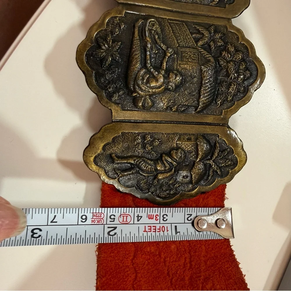Vintage 1960 70 Boho Exotic Brass buckle Embossed red Leather wide festival Belt